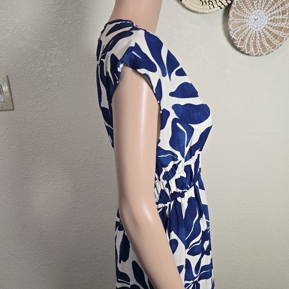 MNG  Long Printed Dress A-line Design Print V-Neck Short Sleeve Ruched Waist - Picture 5 of 12